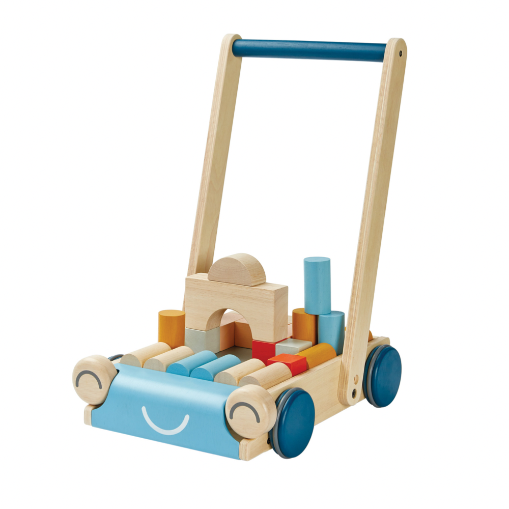 Plan Toys houten loopwagen auto met bouwblokken