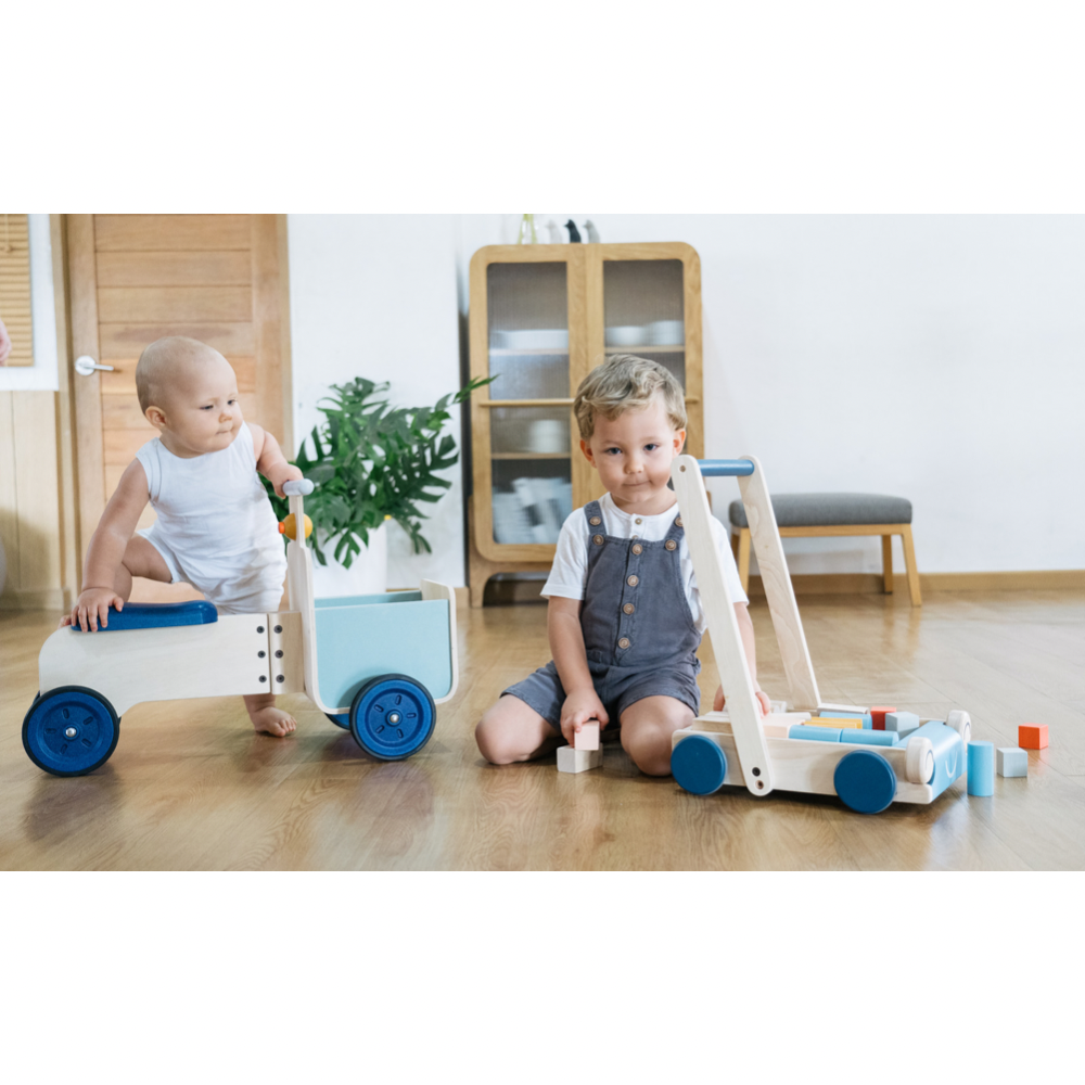 Plan Toys houten loopwagen auto met bouwblokken