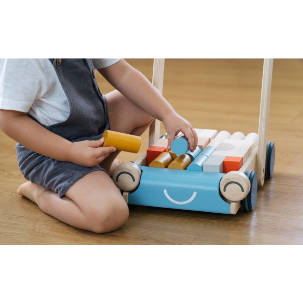 Plan Toys houten loopwagen auto met bouwblokken
