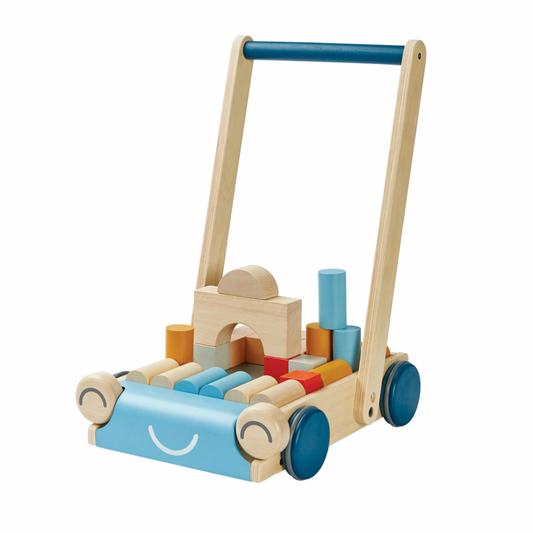 Plan Toys houten loopwagen auto met bouwblokken