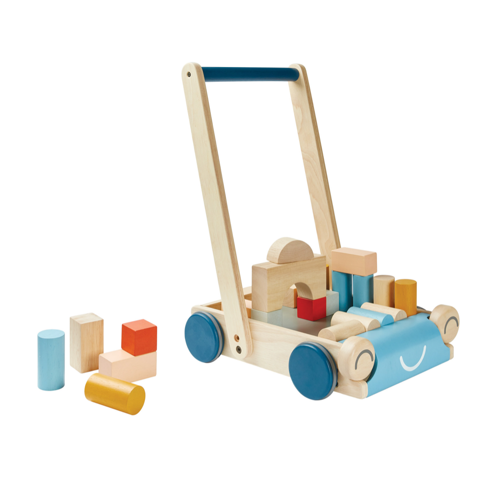 Plan Toys houten loopwagen auto met bouwblokken